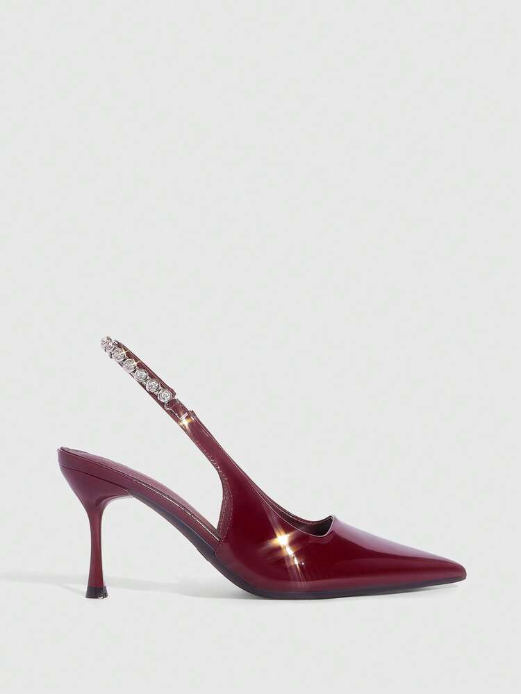 CUCCOO SZL Women's Black Patent Leather Pointed Toe Stiletto Heel Backless Rhinestone Decor Ankle Strap Sexy Party High Heel Pumps Valentine's Day