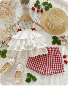 Babygirl Summer Cute Vacation Ruffle Camisole Top And Plaid Shorts Set - Multicolor - View 8