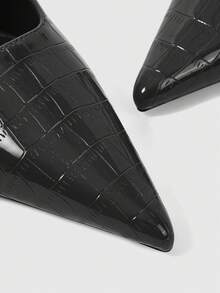 Sleekvia 女鞋尖头粗跟黑色压纹后跟带露跟高跟鞋简约优雅时尚百搭舒适通勤女鞋 - 黑色 - 查看 4