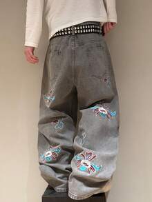 STEELVANCE 休闲宽松直筒牛仔裤，饰有花卉刺绣，百搭街头风服饰 - 灰色 - 查看 6