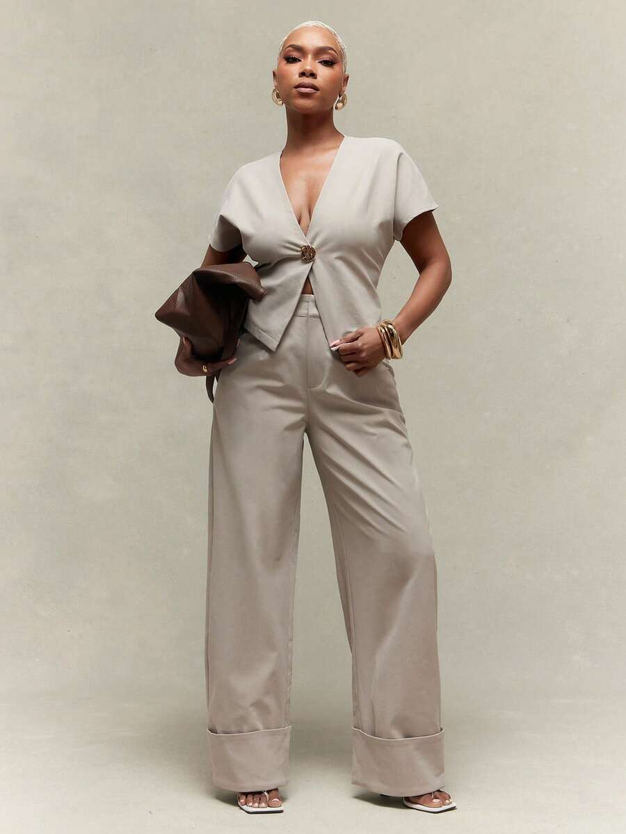 Vixey V Neckline Short Sleeve Split Hem Single Button Blouse - Grey - View 1