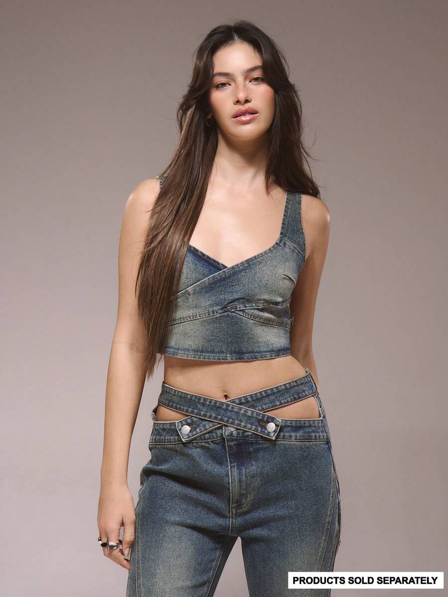 MUSERA 镂空交叉牛仔露脐上衣，冬季可爱街头风休闲西部风，褪色设计 - 藍色 - 查看 1