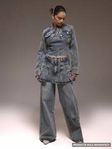 MUSERA 层叠褶裥半身裙，纽扣腰带设计，牛仔裤款，冬季可爱街头风，休闲西式，水洗效果 - 藍色 - 查看 1