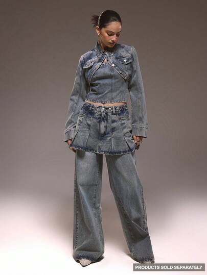 MUSERA 层叠褶裥半身裙，纽扣腰带设计，牛仔裤款，冬季可爱街头风，休闲西式，水洗效果