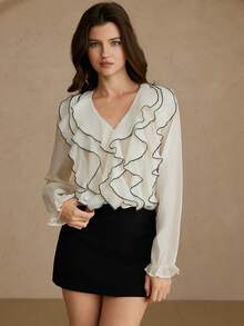 Aveloria Rosie New Arrival Elegant Ruffle V-Neck Long Sleeve Blouse - Beige - View 4