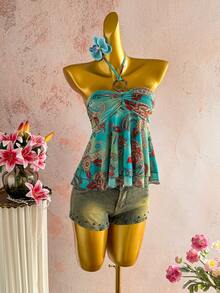 Elamini Women's Casual Vacation Fashion Everyday Versatile Party Bohemian Paisley Mesh Print Multi-Layer Ruffle Tie Neck Bow Camisole Tank Top - Multicolor - View 4