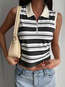 DAZY Áo tank top cổ bẻ kẻ sọc nữ, kiểu dáng thường ngày, phong cách mùa hè Y2K - màu đen - Xem 5