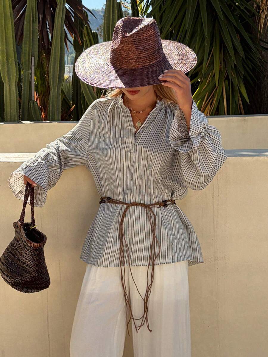 Livesso 女士条纹宽松专属春季腰带衬衫 - 黑與白 - 查看 1