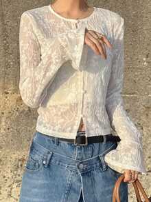 FRIFUL Women's Floral Jacquard Flare Sleeve Button Up Blouse, Vacation Wear - White - View 5