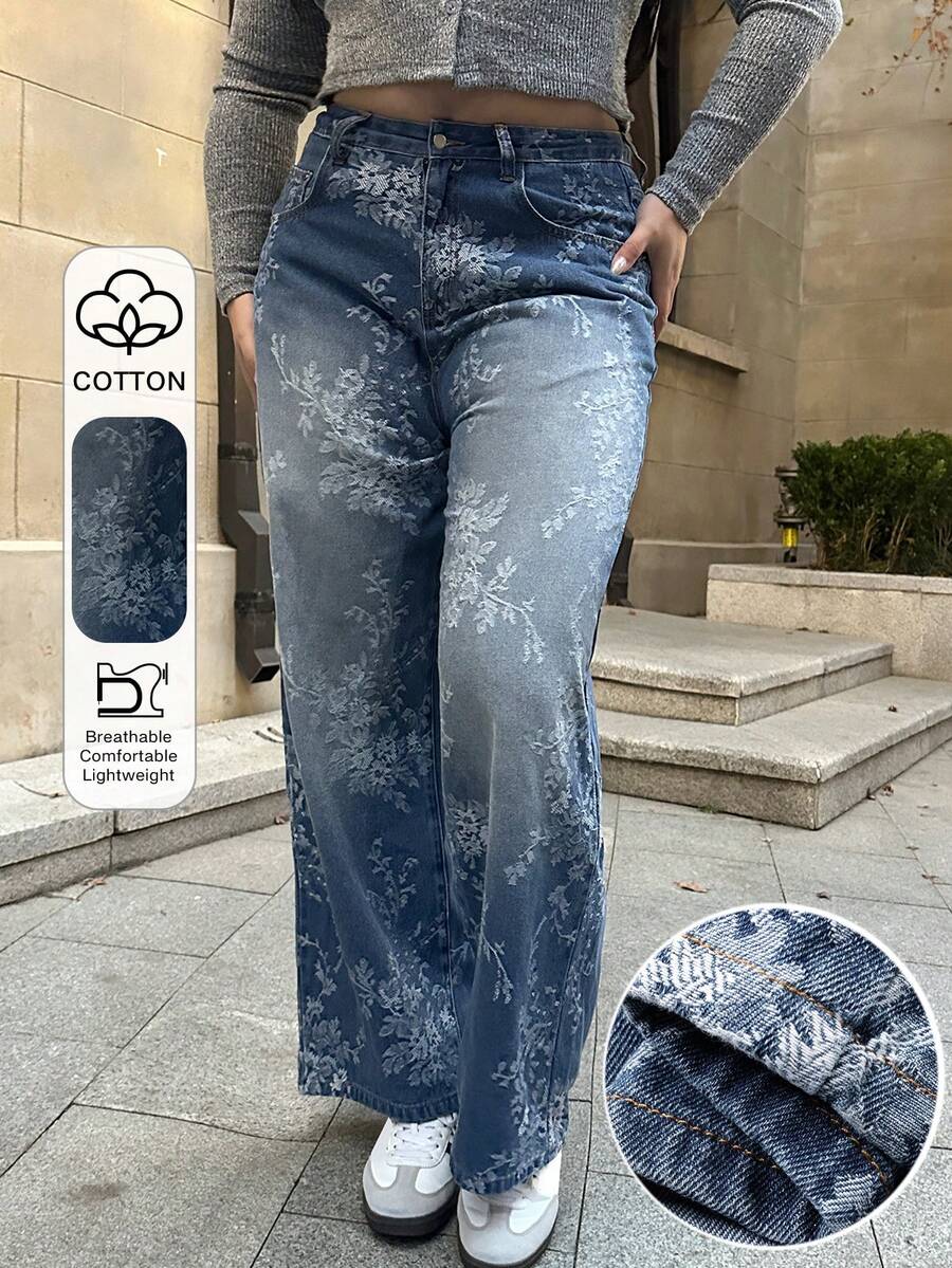 Dazy Plus Quần jeans dài dáng suông, in hoa, màu xanh nhạt, phong cách thường ngày, phù hợp cho mọi mùa. - Rửa nhẹ - Xem 1
