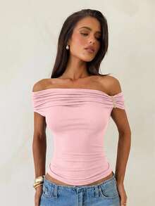 Aloruh 女士优雅纯色褶皱露肩修身T恤，夏季 - 淺粉色 - 查看 6