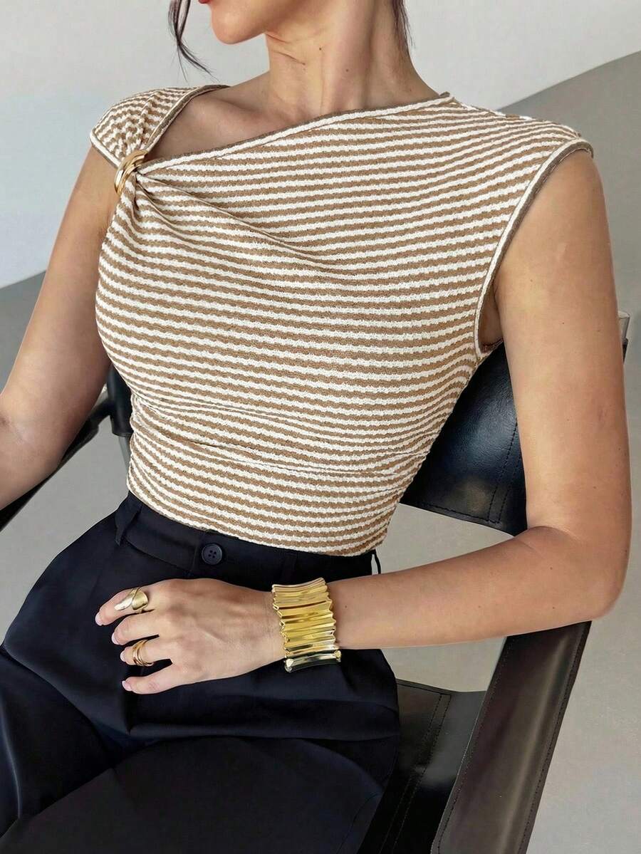 Firerie 女士条纹不对称领金属装饰修身时尚T恤