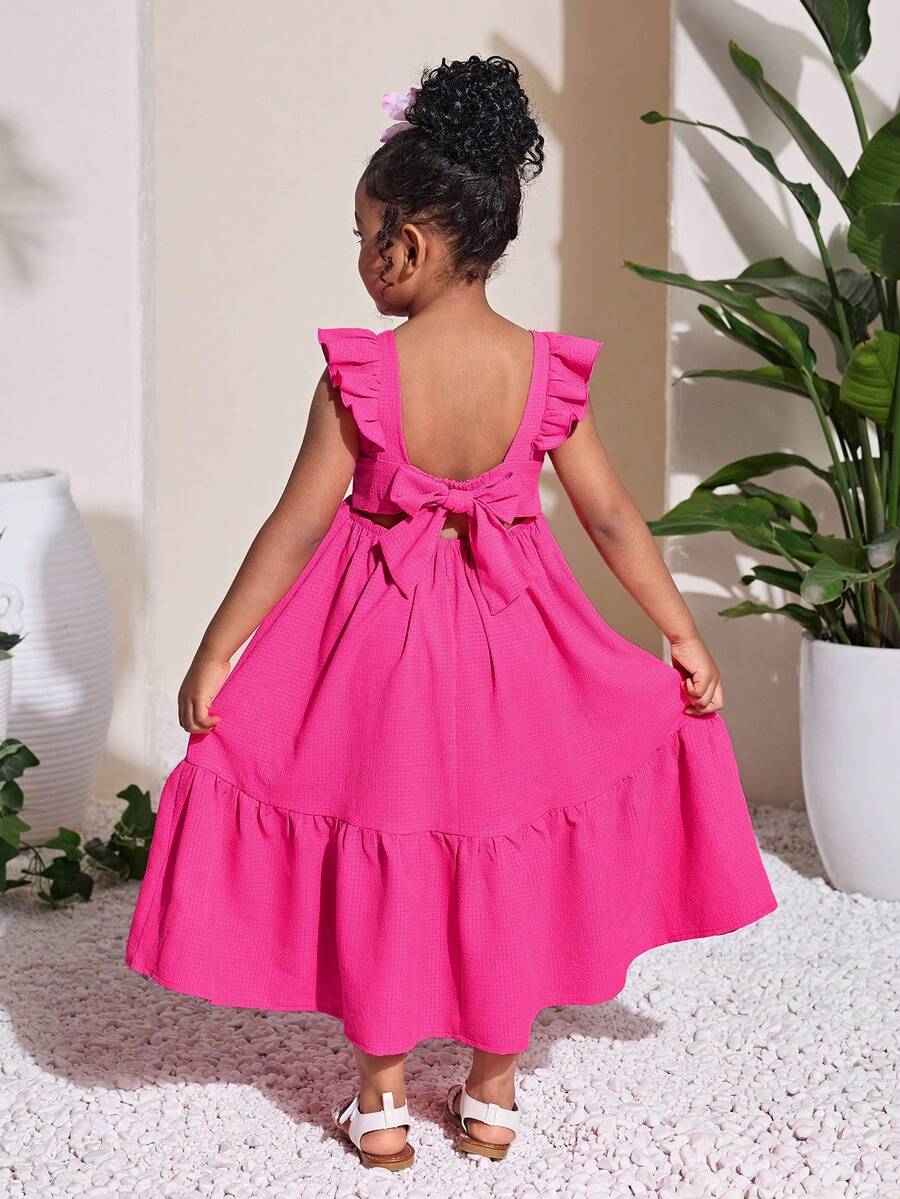 Young Girl Casual Vacation Fuchsia Flutter Sleeve Backless Bowknot Dress,Kids - Hot Pink - View 1