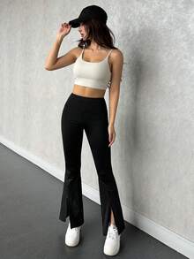 DAZY Solid Color Split Hem Minimalist Leggings, Casual Daily Wear, For Gym Fall Tights School - Black - View 3