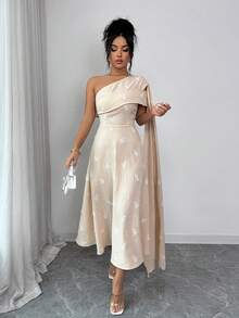 SHEIN Raffinéa Women's Elegant Floral Embroidery Ruched Waist One-Shoulder Party Dress - Apricot - View 6