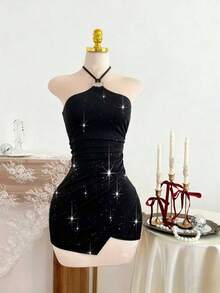 Franclia Luxury And Sexy, Sophisticated Women's Dress With Heavy Sequins, High-End Elegance, Halter Neck Laces, Decorative Buckle, Irregular Hem, And Pleats; Suitable For Spring/Summer, Parties, Vacations, Valentine's Day, And More; Also A Sexy Sleeveless Dress. - Black - View 4