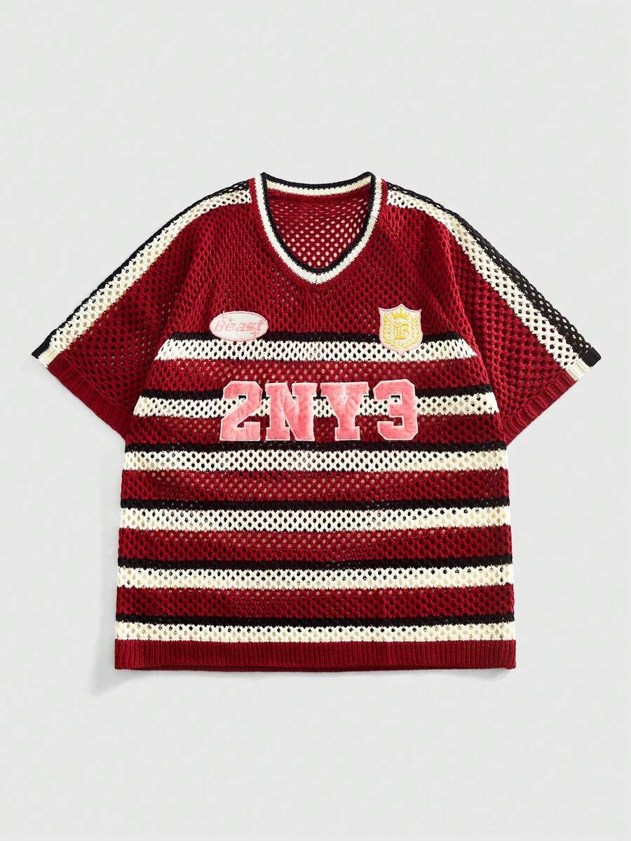 ROMWE MEN Men's Embroidered Knit Sweater, Retro Sporty V-Neck Contrast Color Loose Knit T-Shirt - Red - View 1