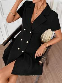 Editum Lapel Collar Double Breasted Blazer Dress In Spring/Summer - Black - View 4