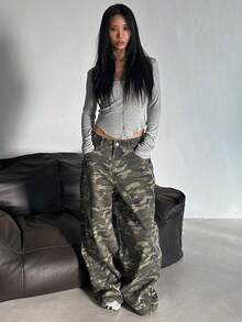 DAZY Women's Loose Fit Camouflage Denim Jeans, Korean Street Style Petite - Army Green - View 8