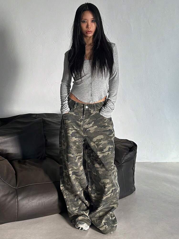 Women's Loose Fit Camouflage Denim Jeans, Korean Street Style