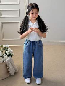 DAZY 少女字母刺绣撞色蕾丝松紧腰宽松休闲牛仔裤 - 藍色 - 查看 2