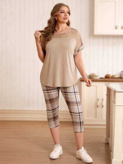EMERY ROSE Plus Size Summer Casual Mesh Patchwork T-Shirt And Plaid Leggings 2 Pieces Set