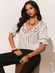 Poéselle Áo sơ mi cotton tay ngắn thêu hoa dành cho nữ, kiểu dáng thường ngày, dễ thương, thích hợp mặc đi chơi, thanh lịch, đi nghỉ mát, đi biển, mùa hè, phù hợp cho mặc hàng ngày, công sở và đi nghỉ mát, mùa xuân/hè. - trắng - Xem 6