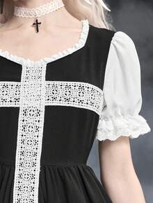 ROMWE Gothic Lolita Puff Sleeve Cross Lace Loose A-Line Dress - Black - View 5