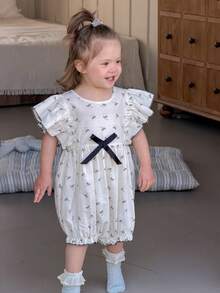 DAZY Infant/Toddler Girls' Round Neck Ruffle Trim All-Over Print Bow Jumpsuit, Korean Style - White - View 5