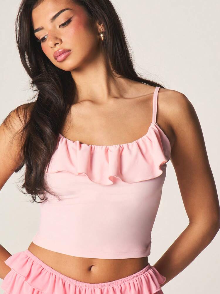 MISSGUIDED Ruffle Trim Cami Top With Adjustable Straps Casual Summer Sleeveless Blouse For Vacation Beach Outfits Feminine Style