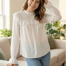 Ticali Top Elegante De Manga Farol Con Acabado De Ribete Fruncido Y Cuello Victoriano C8072 - Blanco - Ver 11