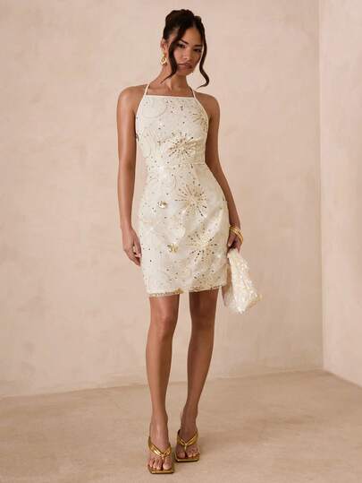 SHEIN Glamour Sequin Fabric Design Fashionable Backless Cut Sexy Elegant Cinched Waist Attention-Grabbing Spring/Summer Dress