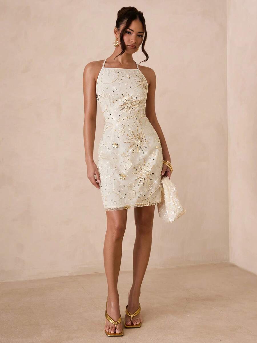 SHEIN Glamour Sequin Fabric Design Fashionable Backless Cut Sexy Elegant Cinched Waist Attention-Grabbing Spring/Summer Dress - Beige - View 1