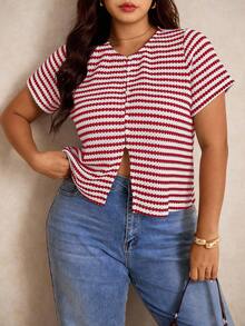 Elaquor Plus Size Summer Casual Striped Button Front Short Sleeve T-Shirt, Going Out Tops - Red and White - View 5