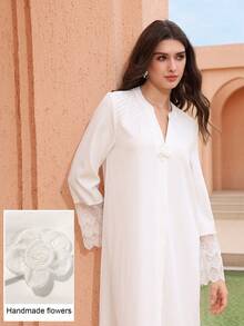 Graceveil Áo choàng trắng họa tiết hoa 3D thanh lịch, dáng rộng, tay bồng, có bèo nhún dành cho nữ - trắng - Xem 1