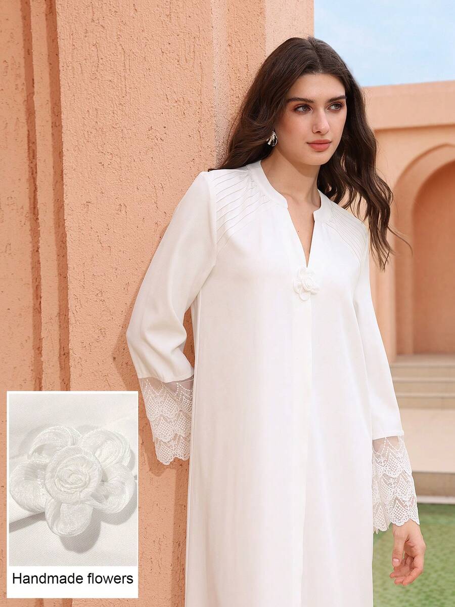 Graceveil White 3D Floral Elegant Loose Ruffle Cuff Robe For Women - White - View 1