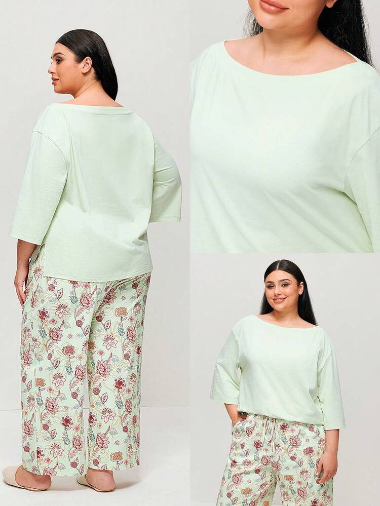 Conjunto de Pijama Loungewear Plus Size com Top Básico de Decote Barco em Algodão Macio Verde e Calça com Estampa Floral para Mulheres, Calça com Bolsos, Lingerie como Roupa Externa, Conjuntos de Loungewear, Pijamas de Algodão