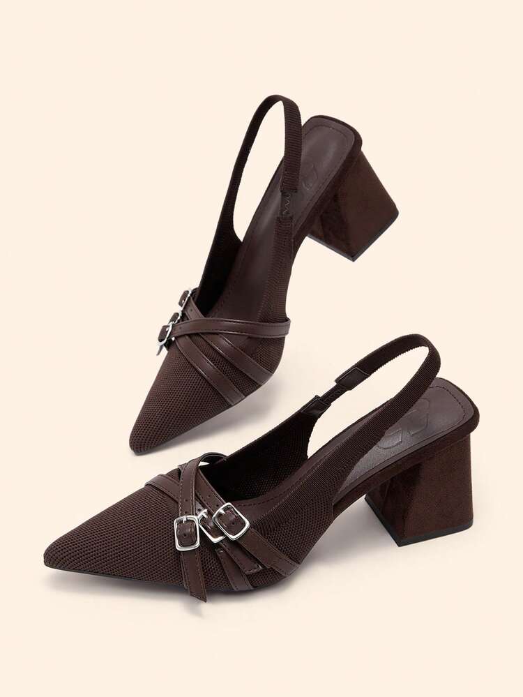 CUCCOO BASICS Women's Pointed Toe Chunky Heel Coffee Color Knit Multi-Strap Buckle Comfortable Breathable Everyday Versatile Commute Outdoor Necessary High Heel Mules Valentine's Day Spring Shoes