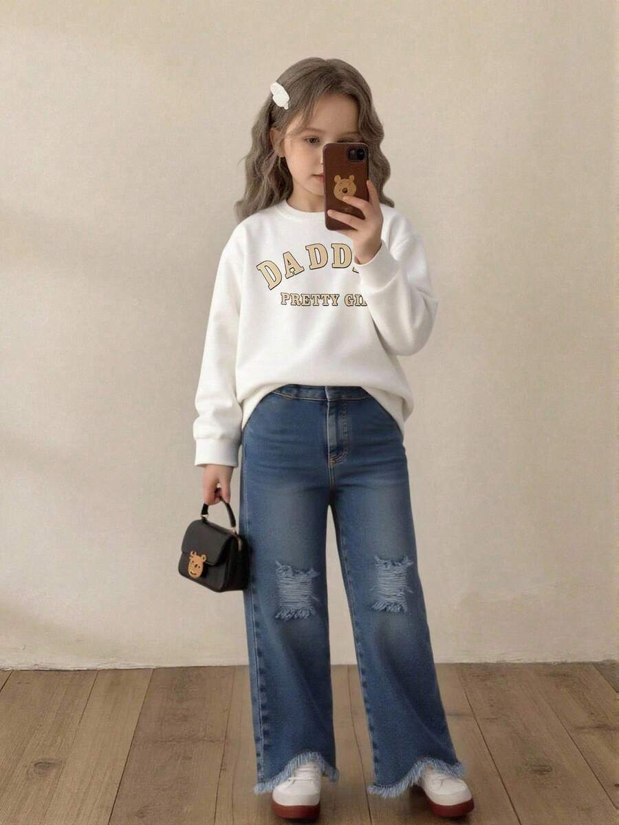 2 件套年轻女孩秋季长袖运动衫和破洞阔腿牛仔裤休闲装，时尚街头服饰 - 彩色 - 查看 1