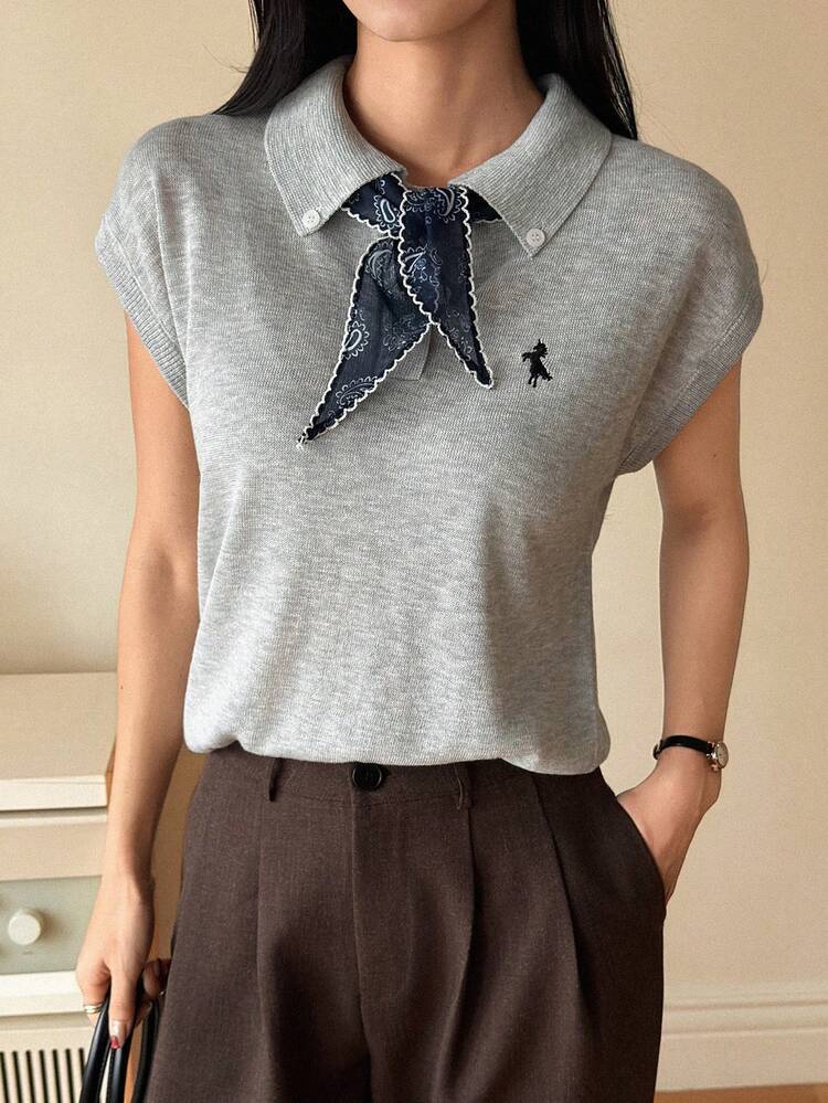 Women's Collared Short Sleeve Knit Top With Scarf Patchwork, Casual City Style Summer