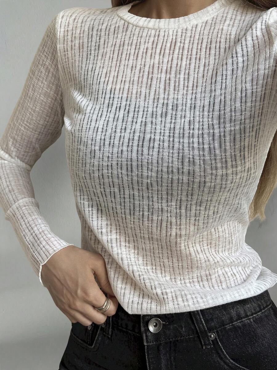 DAZY 女士圆领透视条纹长袖休闲性感T恤 - 白色 - 查看 1