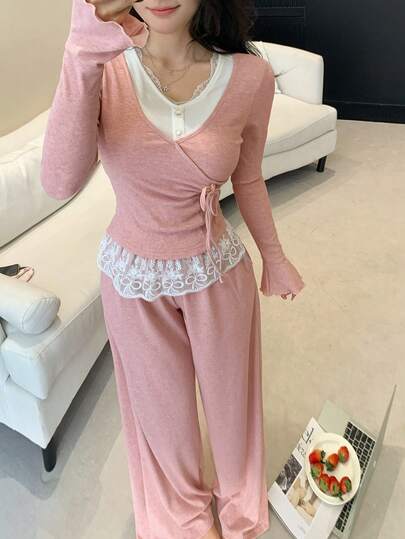 DAZY Lace Trim Decor 2 In 1 Women Pajama Set
