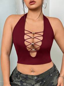 SHEIN ICON 大码女式性感时尚街头风纯色交叉深V领串珠装饰露背露脐吊带上衣 - 酒紅色 - 查看 6