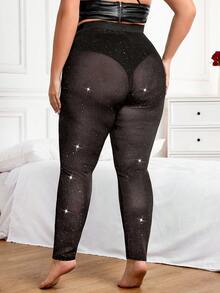 SHEIN CURVE+ CURVE PLUS /Dia dos Namorados/Calça Legging Plus Size Cor Sólida Brilhante e Transparente com Lantejoulas, Natal, Festa, Encontro, Namoro, Saída, Natal, Brilhante, Encontro, Saída, Elegante, Manga Longa, Casamento, Outono/Inverno, Natal, Ano Novo, Ação de Graças, Festa, Casamento, Elegante, Casual, Saída, Encontro, Encontro, Deslocamento, Meia-calça - Preto - Ver 2