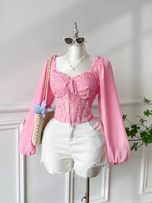 SHEIN EZwear Áo kiểu nữ cỡ lớn tay phồng, phối ren, cổ vuông, có đệm mút, kiểu dáng lãng mạn, thích hợp cho hẹn hò và tiệc tùng, mùa thu/đông. - Hồng - Xem 6