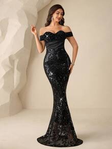 Coutiva Black Elegant Sequins Embellished Off Shoulder Bodycon Evening Gown - Black - View 5