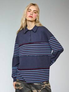 COUREZ Long Sleeve Spliced Striped Rugby Polo Top /Y2K Long Sleeve Tops Going Out Tops Women Tops Spring Clothes For Women Blue Top  Cute Tops Summer Tops Summer Outfits - Multicolor - View 5