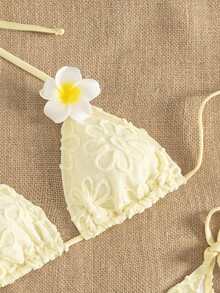 Swim Mod Women's Summer Vacation Beach 3D Floral Textured Halter Bikini 2 Pieces Swimwear - Yellow - View 5