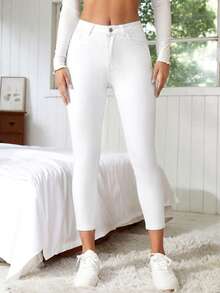 EMERY ROSE Celana Jeans Wanita Model Skinny Pinggang Tinggi dengan Kantong, Kasual, Serbaguna, Panjang 3/4 - Putih - View 4