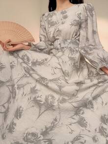 DAZY Vestido elegante de mujer con estampado floral, cuello redondo y mangas acampanadas - Gris - Ver 8